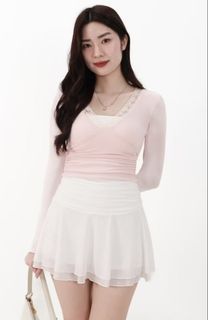 The Style Soirée TSS Lilah Lace Trim Layered Top Pink x White