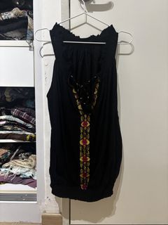 Black Sleeveless Embroidered Lace-Up Top Boho