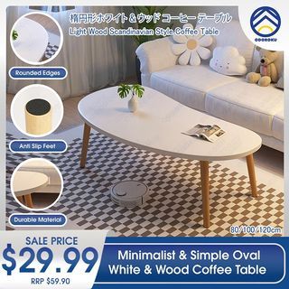 ODOROKU Minimalist & Simple Oval White Wood Coffee Table with 4 Legs and Anti Slip Feet and Rounded Edges Mid Century Modern for Living Room Center Minimalist Display Coffee Table
