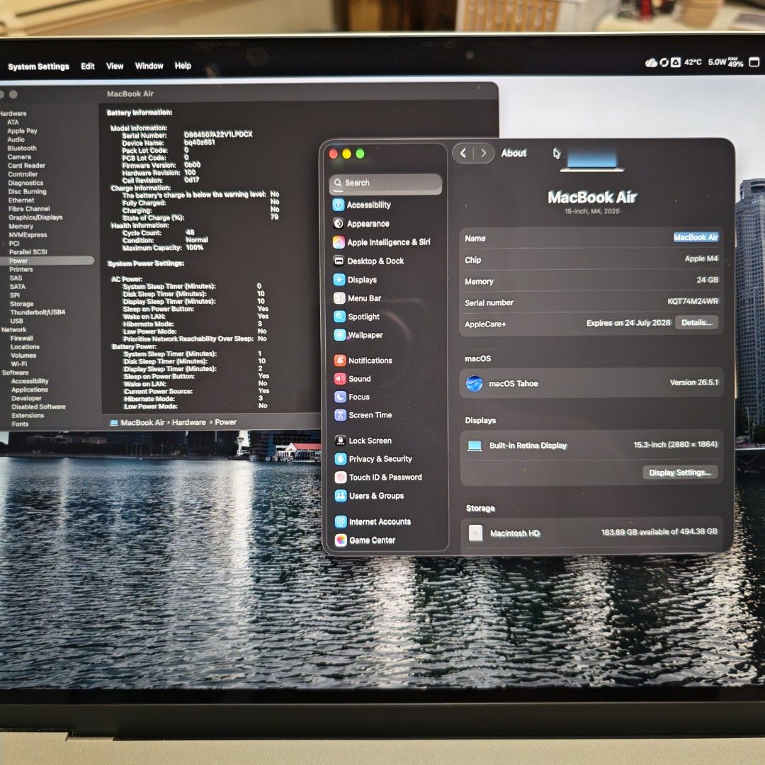 MacBook Air 15 M4 24/512GB Starlight AppleCare+ (Category: Laptops & Notebooks) located in Singapore. Submitted by techhaven (Listing ID 1443453156, Image 3). Description: AppleCare+ until 24 July 2028 Excellent condition no dents no scratches. Battery health 100% Comes with apple dual port charger, USB c cable. No box. Meetups at Clementi / arrange courier at your own cost. Lowballers will be ignored..