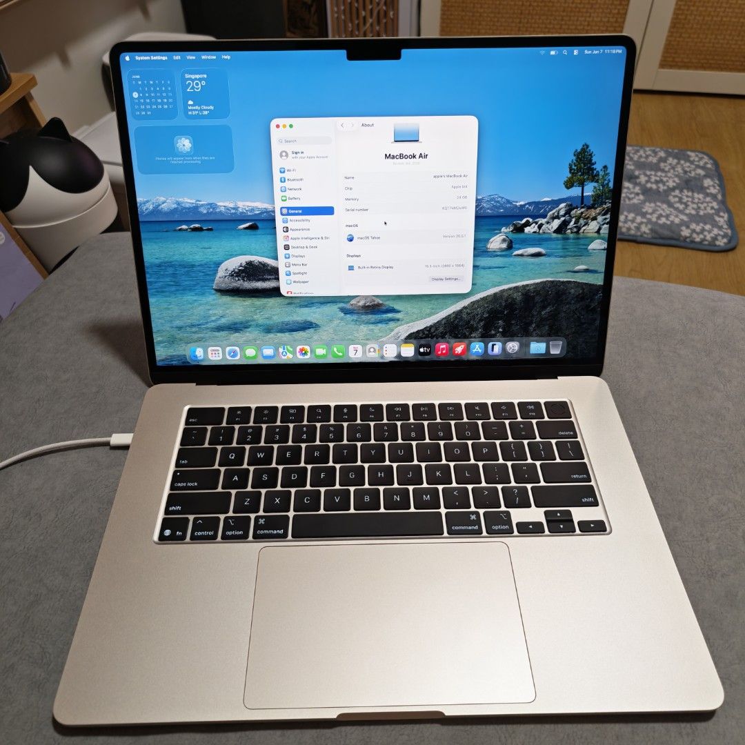 MacBook Air 15 M4 24/512GB Starlight AppleCare+ (Category: Laptops & Notebooks) located in Singapore. Submitted by techhaven (Listing ID 1443453156, Image 2). Description: AppleCare+ until 24 July 2028 Excellent condition no dents no scratches. Battery health 100% Comes with apple dual port charger, USB c cable. No box. Meetups at Clementi / arrange courier at your own cost. Lowballers will be ignored..