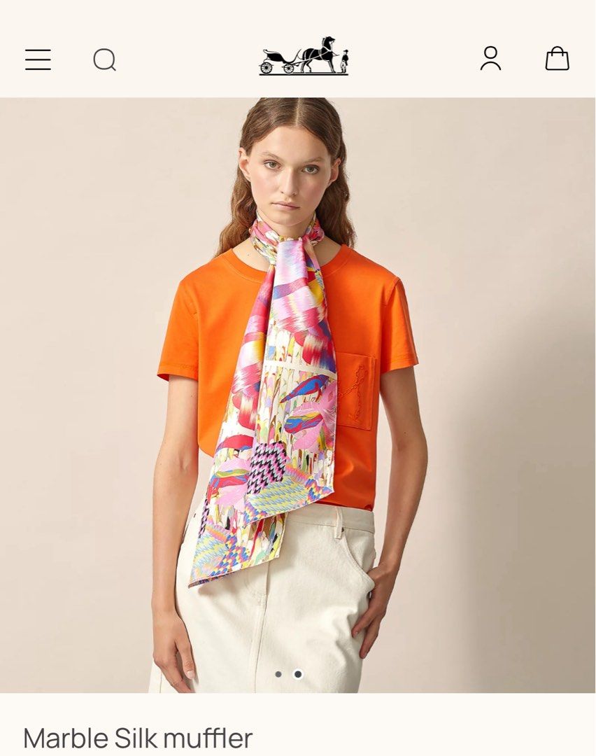 Hermes Marble Silk Muffler Scarf (Category: Scarves) located in Singapore. Submitted by lovingtheh (Listing ID 1443649630, Image 4). Description: - Psychedelic marble print silk muffler - Vivid colors and unique patterns which is different on both sides - Hand-crafted in Japan - 100% Silk - Dimensions: 15 x 180 cm - Truly one-of-a-kind accessory.