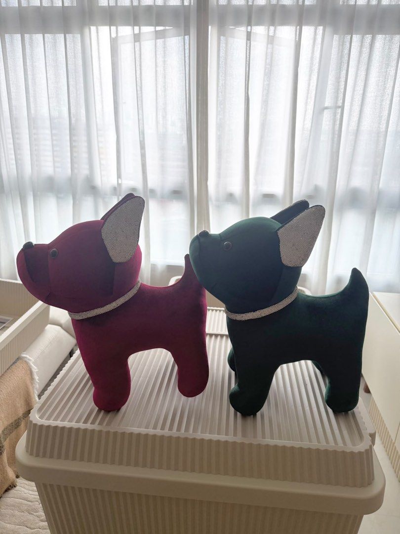 Set of 2 French Bulldog Figurines - Burgundy & Emerald Green (Category: Toy Figures) located in Singapore. Submitted by magichands (Listing ID 1443522768, Image 1). Description: - Adorable French bulldog figurines - Colors: Deep burgundy and dark green - Features sparkly collars and ear details - Size: Approximately 10-12 inches tall - Ideal for home decor or as a gift for dog lovers $6 Each, take both for $10!.