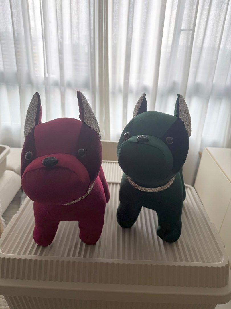 Set of 2 French Bulldog Figurines - Burgundy & Emerald Green (Category: Toy Figures) located in Singapore. Submitted by magichands (Listing ID 1443522768, Image 2). Description: - Adorable French bulldog figurines - Colors: Deep burgundy and dark green - Features sparkly collars and ear details - Size: Approximately 10-12 inches tall - Ideal for home decor or as a gift for dog lovers $6 Each, take both for $10!.