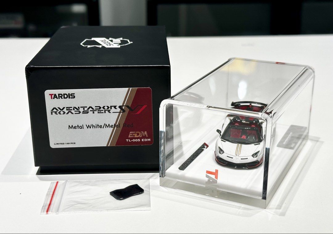EDM x Tardis 1/64th Lamborghini Aventador SVJ Roadster in Metal White/Metal Red (Category: Vehicle & Diecast Models) located in Singapore. Submitted by unusual64 (Listing ID 1443771681, Image 8). Description: Special collaborations EDM x Tardis 1/64 Lamborghini Aventador SVJ Roadster in Metal White/Metal Red. Come with detachable roof. Limited 149pcs with display case. Available in store now while stock last! Collect at Oxley BizHub or by registe