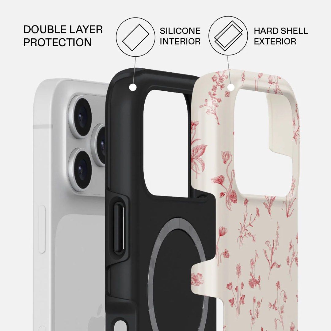 BURGA Prairie - iPhone 17 Pro Case (Category: Cases & Sleeves) located in Singapore. Submitted by chic. (Listing ID 1444456358, Image 2). Description: -This design features: florals, flowers, vintage, romantic, cream background, feminine pattern. - Dual-layer protection: soft silicone interior with a durable hard shell exterior - Raised bezels to safeguard your screen and camera lenses - Enhanced shock absorption for drop protection - Full access