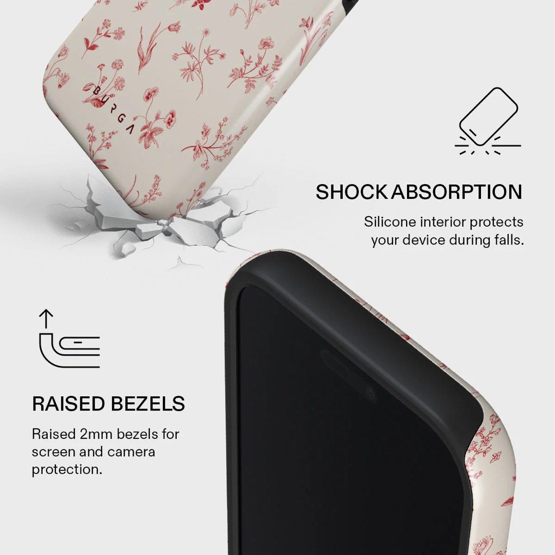BURGA Prairie - iPhone 17 Pro Case (Category: Cases & Sleeves) located in Singapore. Submitted by chic. (Listing ID 1444456358, Image 4). Description: -This design features: florals, flowers, vintage, romantic, cream background, feminine pattern. - Dual-layer protection: soft silicone interior with a durable hard shell exterior - Raised bezels to safeguard your screen and camera lenses - Enhanced shock absorption for drop protection - Full access