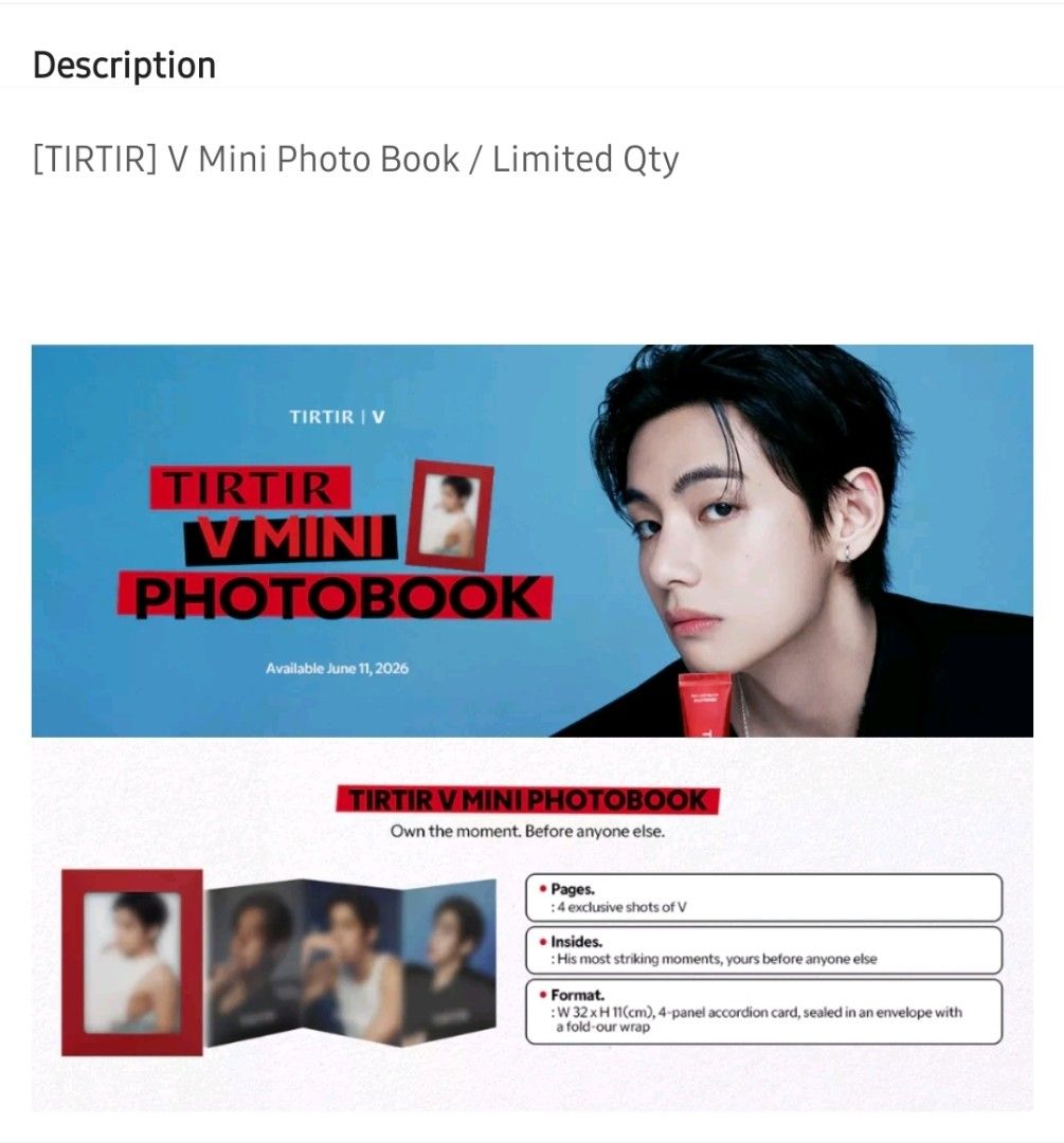 BTS V TIRTIR Official Mini Photo Book - 5 Exclusive Photo Cards of V (Category: K-Wave Merchandise) located in Singapore. Submitted by yummiv (Listing ID 1444768244, Image 6). Description: [TIRTIR] V Mini Photo Book containing 5 exclusive shots of Kim Taehyung - W 32cm x H 11cm - 4 panel accordion card - sealed in an envelope.