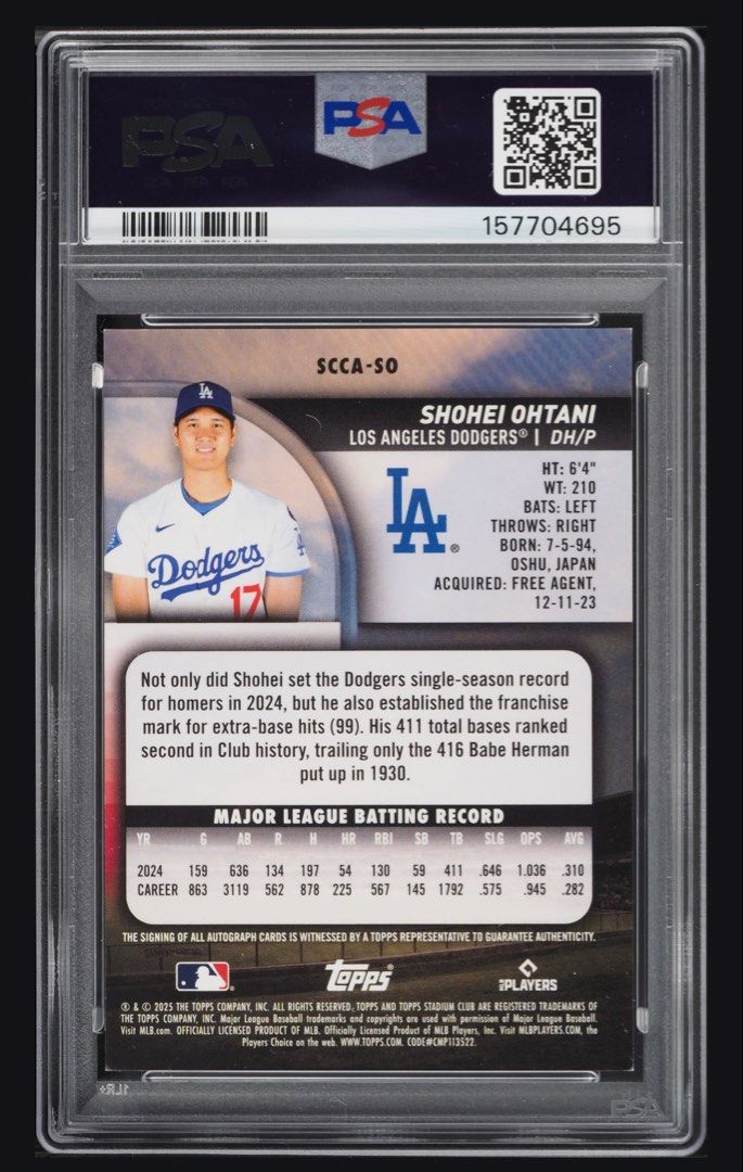 2025 Stadium Club Shohei Ohtani Chrome Auto Gold Refractor PSA 10 (Category: Other Merchandise) located in Singapore. Submitted by mancave_memorabilia (Listing ID 1441421827, Image 2). Description: - 2025 Stadium Club Chrome Shohei Ohtani Gold Refractor - Autograph authenticated by PSA/DNA - Graded Gem Mint 10 - Topps Certified Autograph Issue - Card Number: #SO, serial number 1/10 This is an absolute holy grail modern baseball card featuring glo