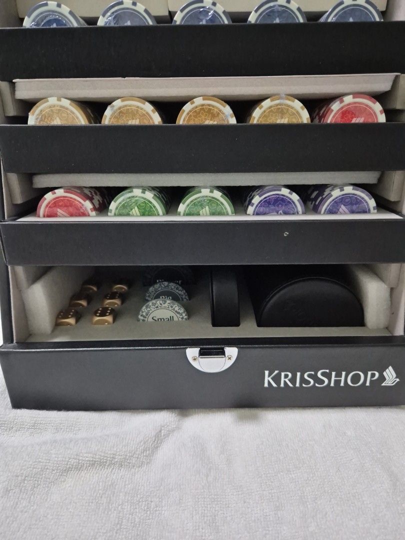 Krisshop Poker Set with Chips, Cards, and Accessories (Category: Board Games & Puzzles) located in Singapore. Submitted by londondaddy (Listing ID 1445132609, Image 4). Description: - Complete poker set from Krisshop - Includes poker chips in various colors - Two decks of cards with protective cases - Accessories: dice, shaker and dealer button - All packed in a portable case - Ideal for game nights.