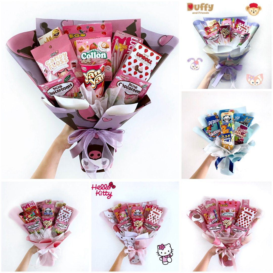 (Read description) plain colours Kuromi hello kitty duffy bear pink Lots-o’-Huggin’ Bear lotso pink snacks bouquet | birthday gift | valentine’s | Anniversary | Baby Shower ｜ get well soon | housewarming | congratulations | kindergarten graduation (Category: Occasions & Party Supplies) located in Singapore. Submitted by theblancstar (Listing ID 1411426293, Image 1). Description: •Fairy light +$4 •Can change wrapper colour •Approximately 40x50cm •