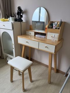 Wooden Vanity Dressing Table with Stool and Mirror