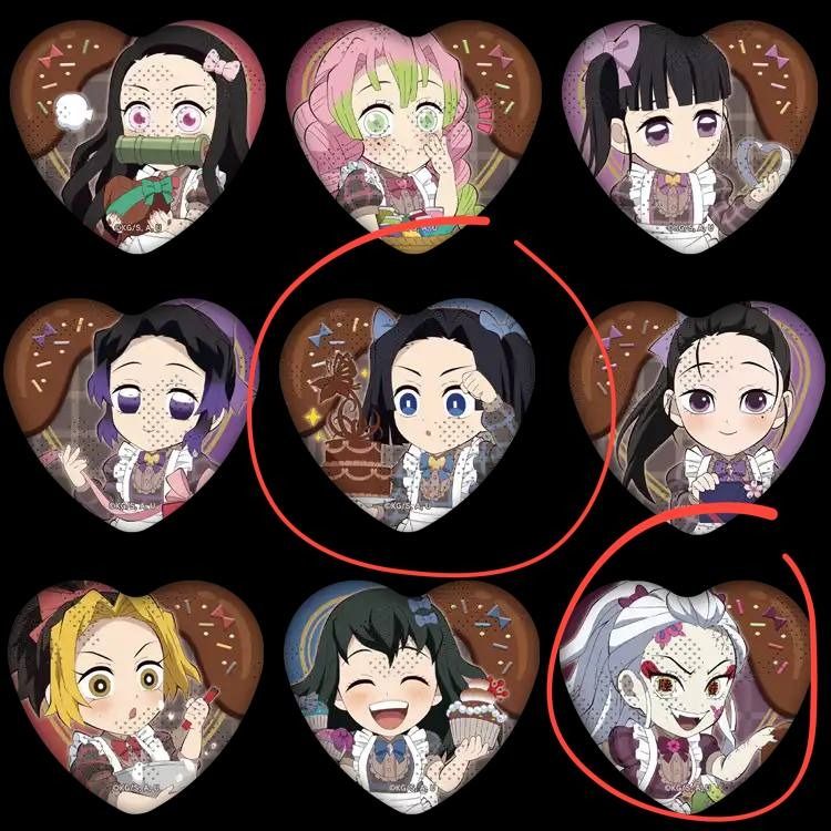 Demon Slayer: Kimetsu no Yaiba Valentine's Day 2023, Heart-Shape Button Badge (Mystery Pack) - Aoi Kanzaki, Daki (Category: Designer & Blind Box Toys) located in Singapore. Submitted by lechonky (Listing ID 1445688894, Image 1). Description: $3 each, open to nego if buying both Meetups only at 791407..