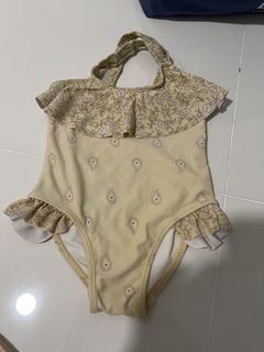 Cotton On Kids Yellow Paisley Floral Baby Girl Swimsuit Ruffle Halter Neck