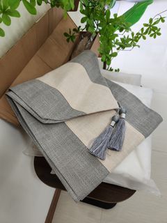 Grey and Beige Striped Table Runner with Tassels