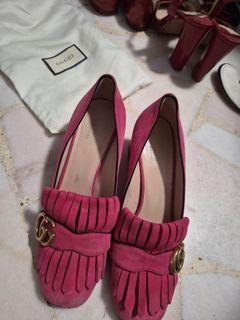 Gucci Pink Suede Fringed Loafers Heels