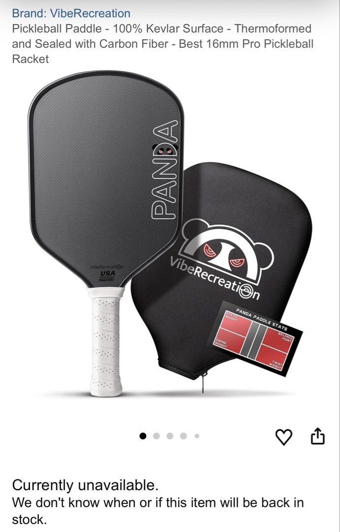 Pickleball Paddle with Cover (Category: Racket & Ball Sports) located in Singapore. Submitted by icevanillalatte (Listing ID 1446204989, Image 4). Description: - Bought from Amazon for 130 - Panda pickleball paddle - Carbon fiber construction - Includes protective cover .