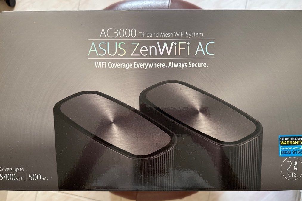 ASUS ZenWiFi AC AC3000 Tri-band Mesh WiFi System (Category: Networking) located in Singapore. Submitted by kg2010 (Listing ID 1446401568, Image 1). Description: - ASUS ZenWiFi AC Mesh WiFi System - Tri-band for optimal performance - Covers up to 5400 sq ft (500 sq m) - Ensures strong, secure WiFi coverage throughout your home - Set includes 2 units Selling the above, both in great working condition..