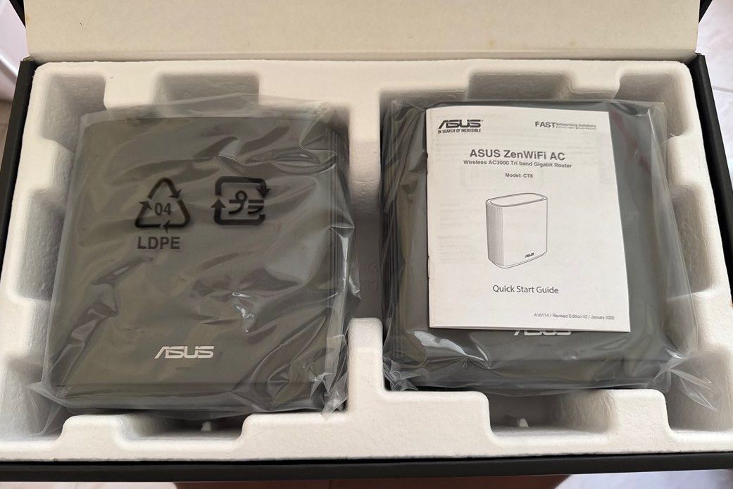 ASUS ZenWiFi AC AC3000 Tri-band Mesh WiFi System (Category: Networking) located in Singapore. Submitted by kg2010 (Listing ID 1446401568, Image 2). Description: - ASUS ZenWiFi AC Mesh WiFi System - Tri-band for optimal performance - Covers up to 5400 sq ft (500 sq m) - Ensures strong, secure WiFi coverage throughout your home - Set includes 2 units Selling the above, both in great working condition..