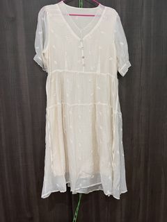 Cream Tiered Embroidered Midi Dress with Puff Sleeves