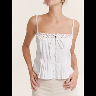 CULT SURI Isabelle Top White Lace Trim Pleated Camisole