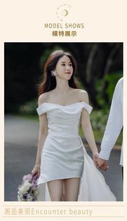 [BN] Off-shoulder White Satin Asymmetrical Dress with Train for ROM/Solemnisation/Small Wedding
