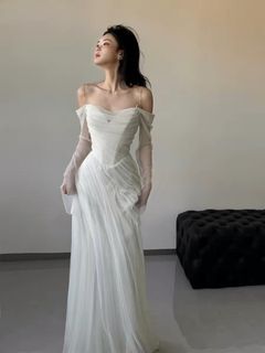 [BN] French-Style Elegant Off-Shoulder Sheer Long Sleeves White Bridal Dress - ROM, Solemnisation, Wedding