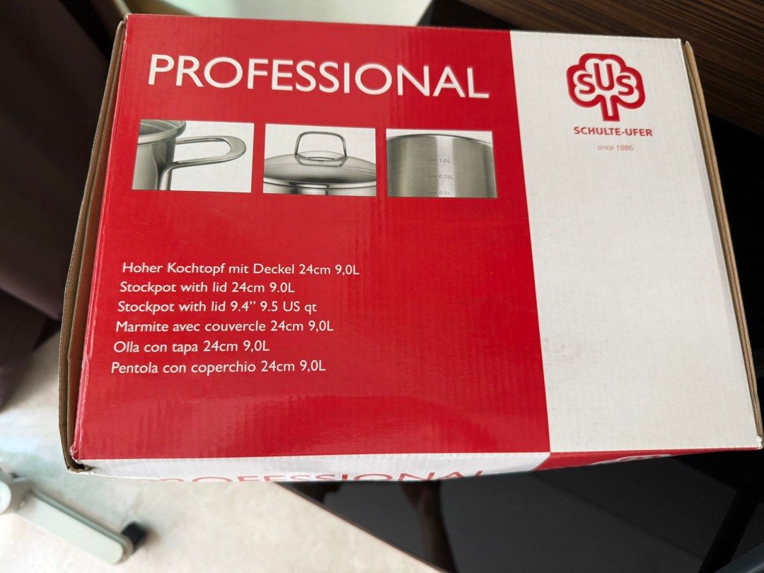 Schulte-Ufer 9L Stockpot with Lid 24cm 9.0L (Category: Cookware & Accessories) located in Singapore. Submitted by icevanillalatte (Listing ID 1442190472, Image 5). Description: - Schulte-Ufer Professional Stockpot - Size: 24cm diameter - Capacity: 9.0 Liters - Material: High-grade 18/10 Stainless Steel - Lid: Heat-resistant glass - Compatibility: Suitable for all hob types (induction, gas, electric, etc.) - Ideal for: Cooking large meals, soups, 