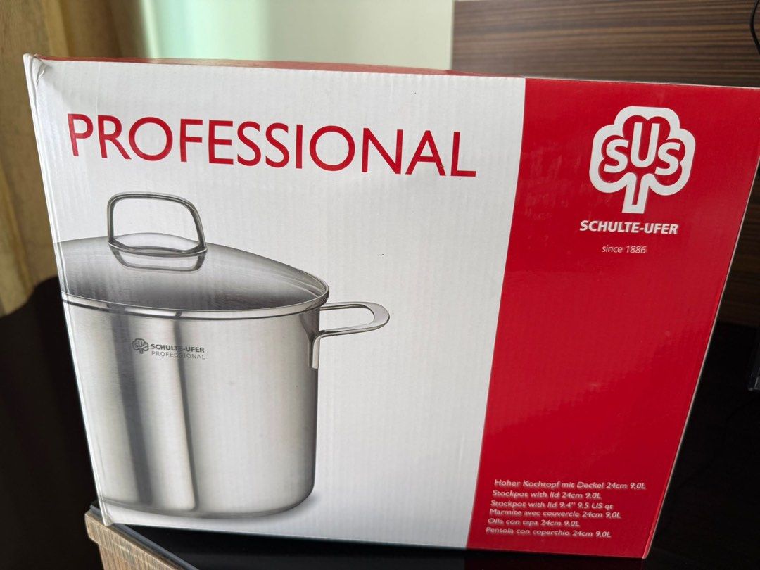 Schulte-Ufer 9L Stockpot with Lid 24cm 9.0L (Category: Cookware & Accessories) located in Singapore. Submitted by icevanillalatte (Listing ID 1442190472, Image 3). Description: - Schulte-Ufer Professional Stockpot - Size: 24cm diameter - Capacity: 9.0 Liters - Material: High-grade 18/10 Stainless Steel - Lid: Heat-resistant glass - Compatibility: Suitable for all hob types (induction, gas, electric, etc.) - Ideal for: Cooking large meals, soups, 