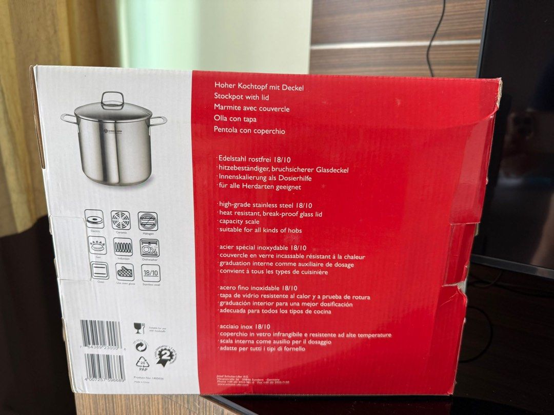 Schulte-Ufer 9L Stockpot with Lid 24cm 9.0L (Category: Cookware & Accessories) located in Singapore. Submitted by icevanillalatte (Listing ID 1442190472, Image 4). Description: - Schulte-Ufer Professional Stockpot - Size: 24cm diameter - Capacity: 9.0 Liters - Material: High-grade 18/10 Stainless Steel - Lid: Heat-resistant glass - Compatibility: Suitable for all hob types (induction, gas, electric, etc.) - Ideal for: Cooking large meals, soups, 