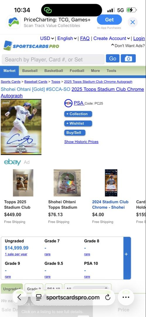 2025 Stadium Club Shohei Ohtani Chrome Auto Gold Refractor PSA 10 (Category: Other Merchandise) located in Singapore. Submitted by mancave_memorabilia (Listing ID 1441421827, Image 3). Description: - 2025 Stadium Club Chrome Shohei Ohtani Gold Refractor - Autograph authenticated by PSA/DNA - Graded Gem Mint 10 - Topps Certified Autograph Issue - Card Number: #SO, serial number 1/10 This is an absolute holy grail modern baseball card featuring glo
