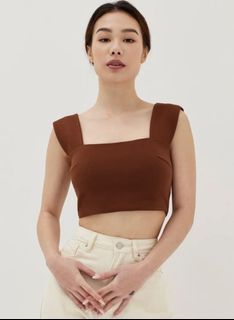 Brown Square Neck Padded Shoulder Crop Top