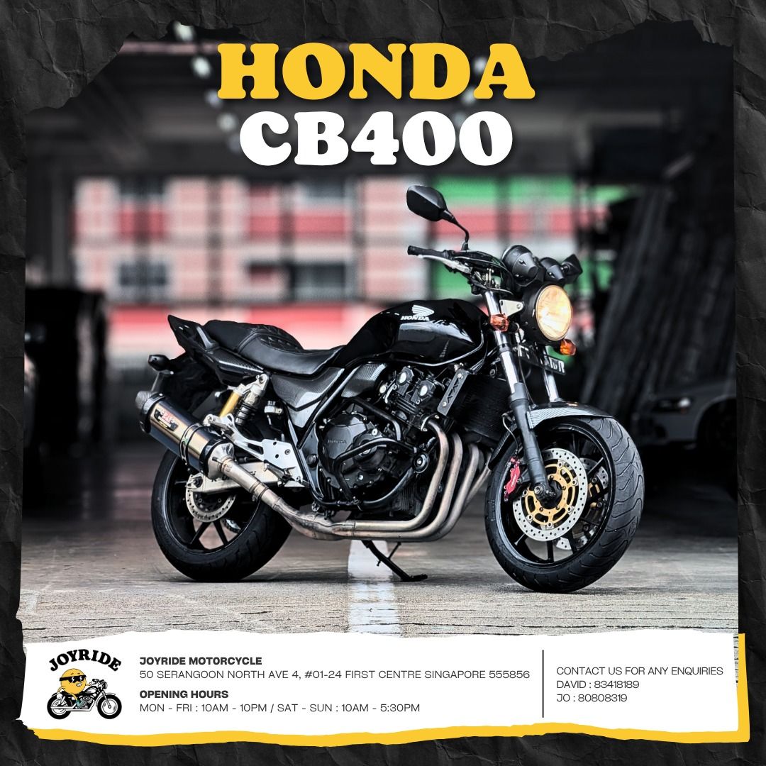 HONDA CB400 REVO 2 | CB 400 | 2017 | 2027 | YOSHIMURA R77 (Category: Class 2A) located in Singapore. Submitted by joyridemotorcycle (Listing ID 1446970142, Image 1). Description: HONDA CB400 REVO 2 Displacement: 400CC COE: 26 Dec 2027 ( RENEWABLE ) First registered: 27 Dec 2017 Open Market Value: $7,882.00 PQP Paid: $5,502.00 - GOOD CONDITION - YOSHIMURA R77 EXHAUST - LOW MILEAGE - GOOD VALUE TO RENEW JOYRIDE MOTORCYCLE SALE | SERVICE | REPAIRS �