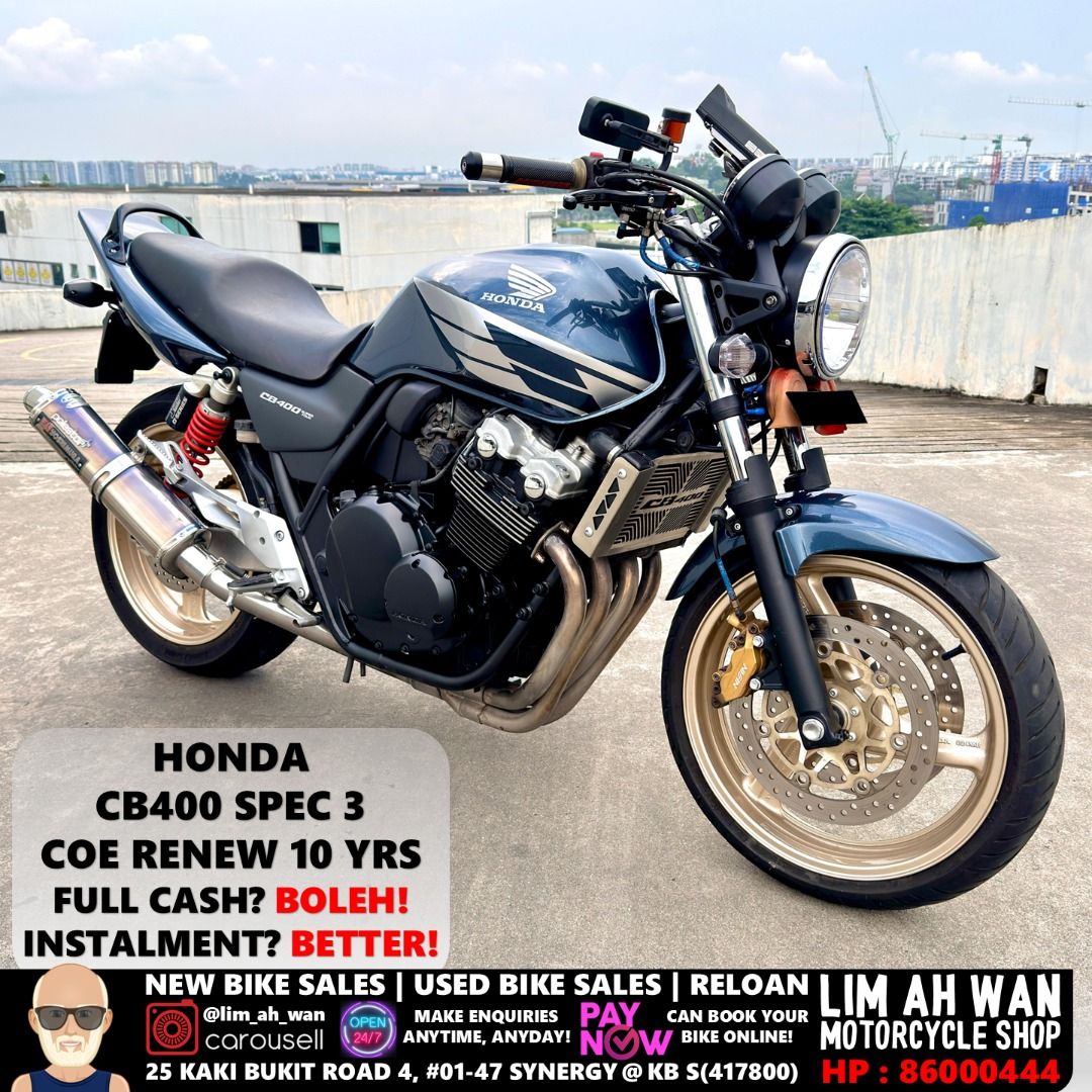 USED Honda CB400 Spec 3 with YOSHIMURA FULL SYSTEM (Category: Class 2A) located in Singapore. Submitted by lim_ah_wan (Listing ID 1447020350, Image 1). Description: USED HONDA CB400 SPEC 3 WITH YOSHIMURA FULL SYSTEM FOR SALE! 🥰 REG : 10 OCT 2006 COE : RENEW 10 YEARS ROADTAX : 10 OCT 2026 INSPECTION : 10 OCT 2026 SELLING $17888 FULL CASH. Excluding insurance & $25 LTA transfer ownership fee. LOAN CAN BE PROVIDED IF NEEDED. YOU MAY ALSO SOURCE YOU