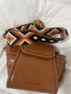 Charles & Keith Brown Leather Crossbody Bag with Patterned Strap