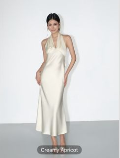Creamy Apricot Halter Neck Satin Midi Dress