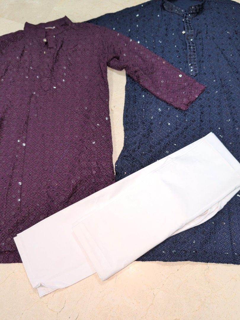Kurta -Purple & Blue Kurta set (Category: Coats, Jackets and Outerwear) located in Singapore. Submitted by lovelylady2024 (Listing ID 1449235079, Image 2). Description: - Bundle of 2 Kurtas (Blue One New and purple one lightly used) and one pant(New) from Skyline - Size 14 - Purple top: Features intricate eyelet details and sequins - Deep blue top: Features eyelet patterns and subtle sequins - Perfect for layering or wearing solo Purple Kurta alt