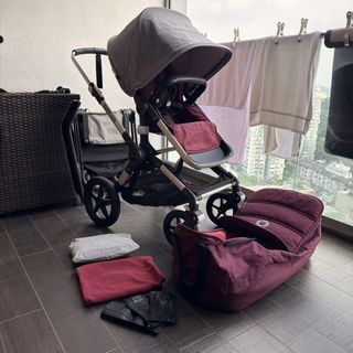 Bugaboo Melange Grey on Dark Cherry Red Fox 1 Stroller Pram with Rain Cover & Bassinet not Graco Peg Perego UPPAbaby Nuna Baby Jogger Joolz Cybex Silver Cross Chicco Britax Doona Strokke Thule Evenflo ErgoBaby Hamilton Joie Maxi Cosi GB Babyzen Orbit