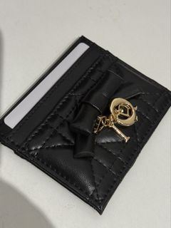 DIOR Black Quilted Card Holder with Bow Charm