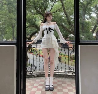 white frill lace black bow dress cottagecore