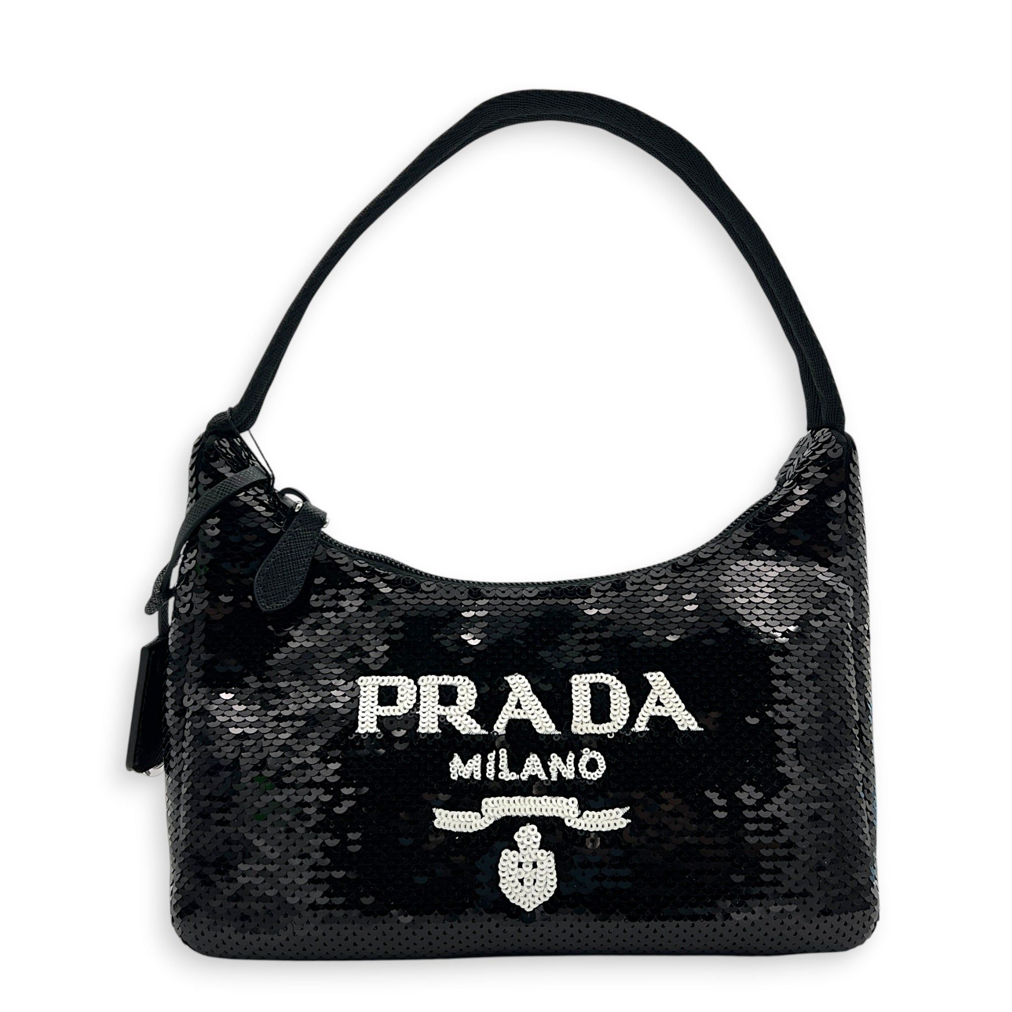 Prada Re-Edition 2000 Shoulder Bag Black in Sequins, Silver hardware (Category: Bags & Wallets) located in Singapore. Submitted by carousellluxury (Listing ID 1449628503, Image 1). Description: SKU S2605-011720AN Material Sequins Color Black Hardware Silver Strap Not Included Dimension (L)23cm x (H)14cm x (W)6cm Accessories Original Box, Series 270 Circa Est NA Microchipped FALSE Condition - Surface: very good condition overall - Surface: very go