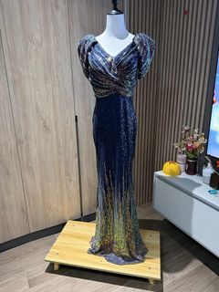 M Sparkly Blue Sequin Evening Gown with Puffy Sleeves