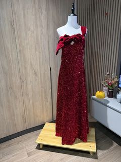 XL Red Sequin Gown with Velvet Bow Detail