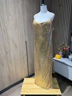 XXXL Gold Sequin Maxi Dress with Embellished Cross Detail