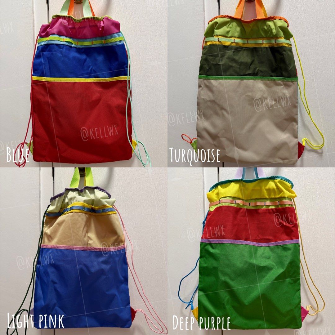🎁 IN-STOCK Cotopaxi Tago Drawstring Backpack Del Dia - BLUE PINK TURQUOISE PURPLE Lightweight Outdoor Sports Beach (Category: Backpacks) located in Singapore. Submitted by kelliew.1276 (Listing ID 1450214802, Image 2). Description: Cotopaxi Tago Drawstring Backpack Del Dia - Color: Blue, Turquoise, Light Pink, and Deep Purple. - Each bag features a unique, colorful patchwork design - YKK zipper - Front & back daisy chains - Main compartment with