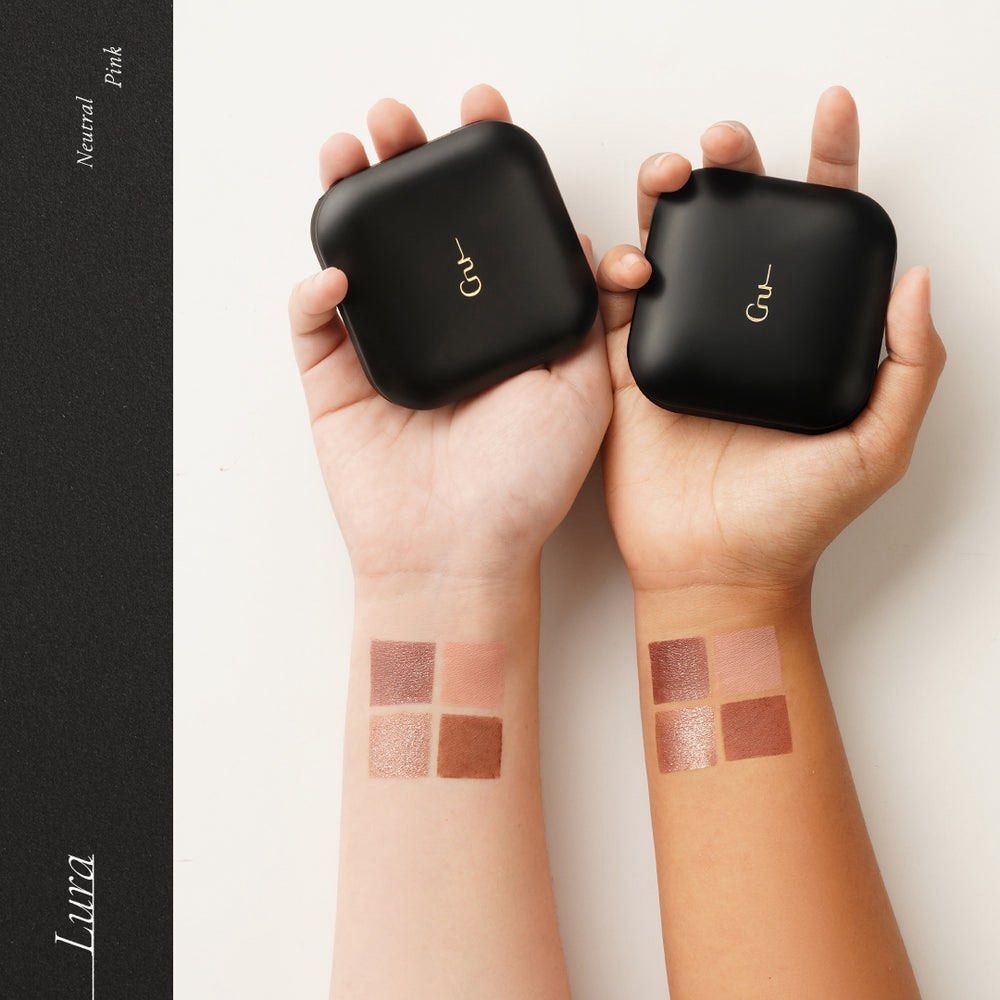 GUELE Umbra Eyeshadow in Lura (Category: Makeup) located in Singapore. Submitted by loveandpurr (Listing ID 1450316523, Image 4). Description: Shade: Neutral pink Palette: 4-pan eyeshadow palette Finishes included: -2 matte shades -1 shimmer shade -1 fine glitter shade Best for: Soft everyday looks, romantic pink-toned eye makeup, and natural glam. The buildable formula lets you create either a subtle wash of color or a more defined look Expiry :