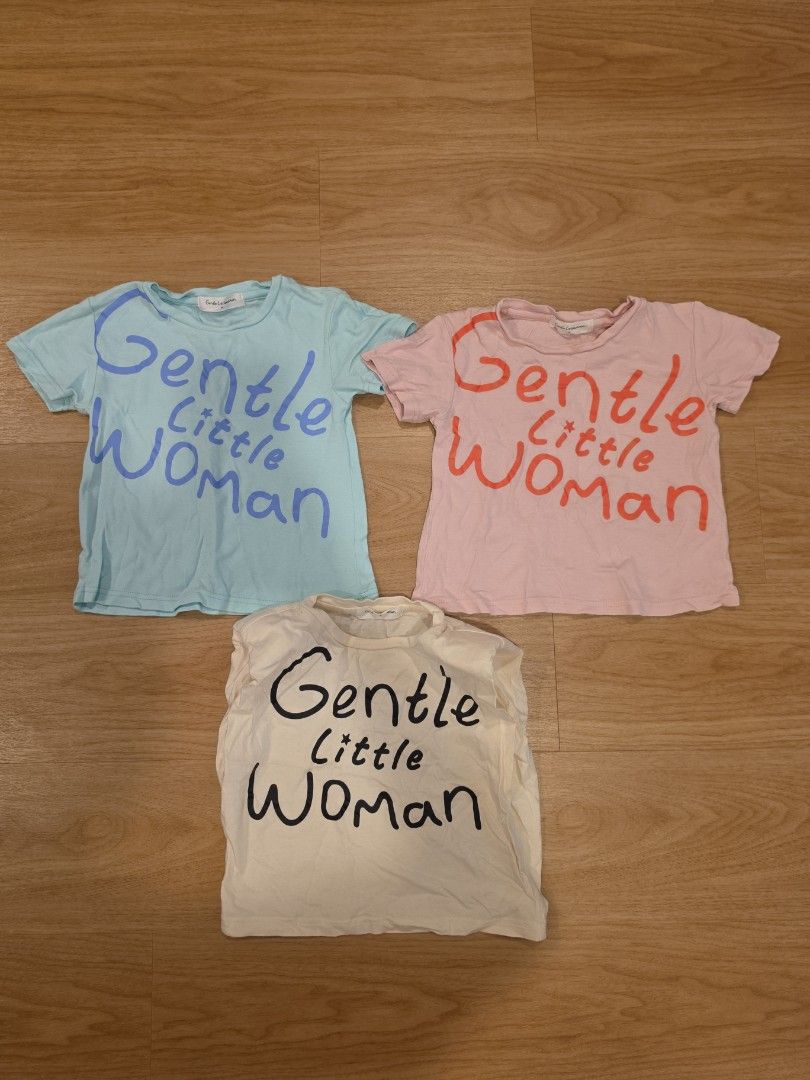 Kids Girls Gentle Little Woman T-shirt Blue Pink White (Category: Babies & Kids Fashion) located in Singapore. Submitted by daniel.t (Listing ID 1450446372, Image 1). Description: In good condition as seen in photos. $8 each - Blue tee (Size 3 to 4yo) - Pink tee (Size 3 to 4yo) - White shoulder padded tee (Size 3 to 4yo) Collect at Bukit Batok mrt or by mail..