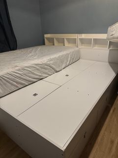 White Storage Bed Frame with Headboard Shelves