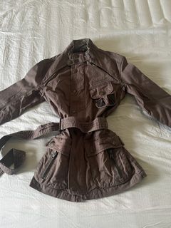 Charcoal brown graphite grey women’s belted short trench utility military cinched waist work wide collar japanese retro vintage dirty grunge alt high funnel neck padded buttoned coat jacket