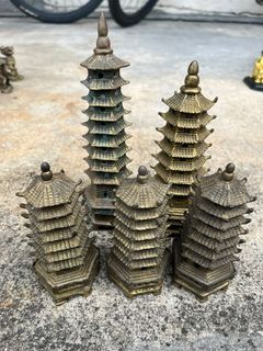 Vintage Brass Pagoda and Turtle Figurines Set